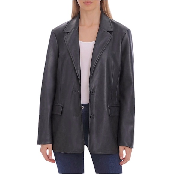 Avec les Filles Washed Faux Leather Blazer in Black Size M
